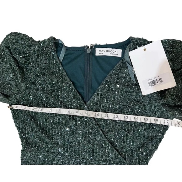 Mac Duggal Long Sleeve Beaded Lace Sequin Green Midi Cocktail Dress Sz 4 NWT - Picture 14 of 16